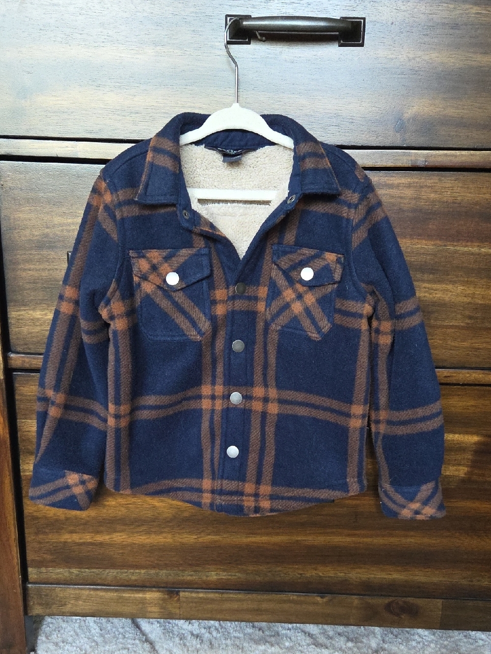 Eddie Bauer Navy and Brown Plaid Sherpa-Lined Kids Jacket